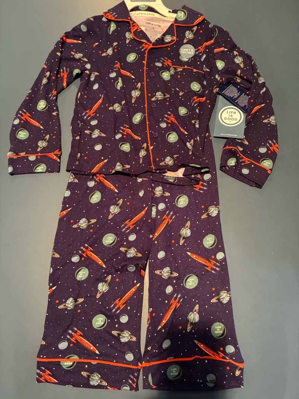 Life Is Good Blue Kids' Rocket Print Pajama Set with Orange Trim 4
